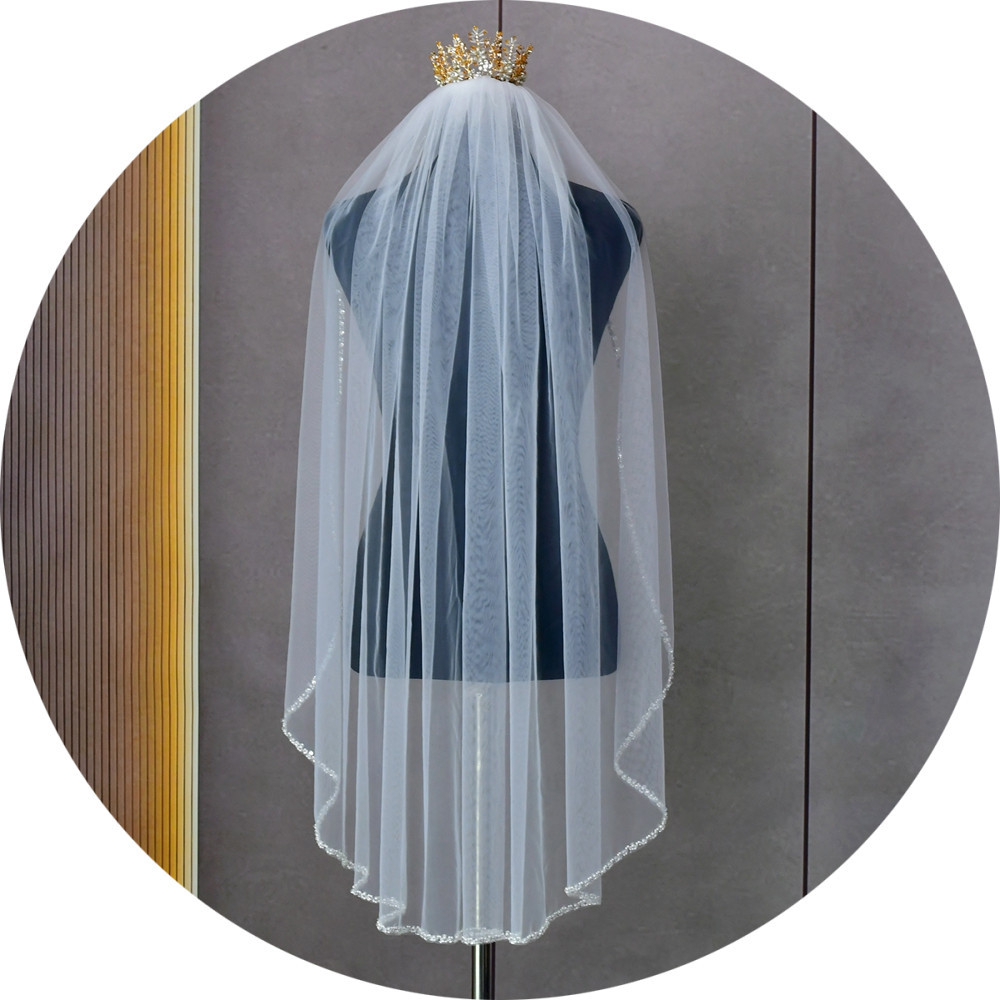 Yulapan AliExpress Bridal Heavy-Industry Veil Korean-Style Simple Hand-Stitched Crystal Pearl Edge Wedding Dress V134