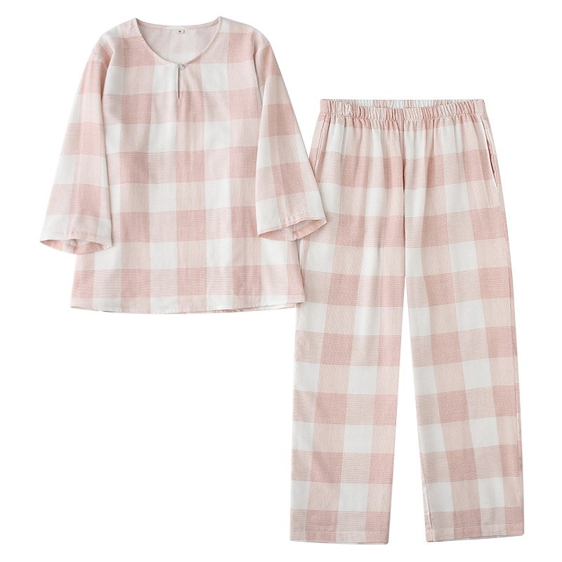 Spring Summer Autumn Women's Pure Cotton Pajamas Set Cotton Double Gauze Round Neck Pullover Plaid Loose Large Size Home Clothes