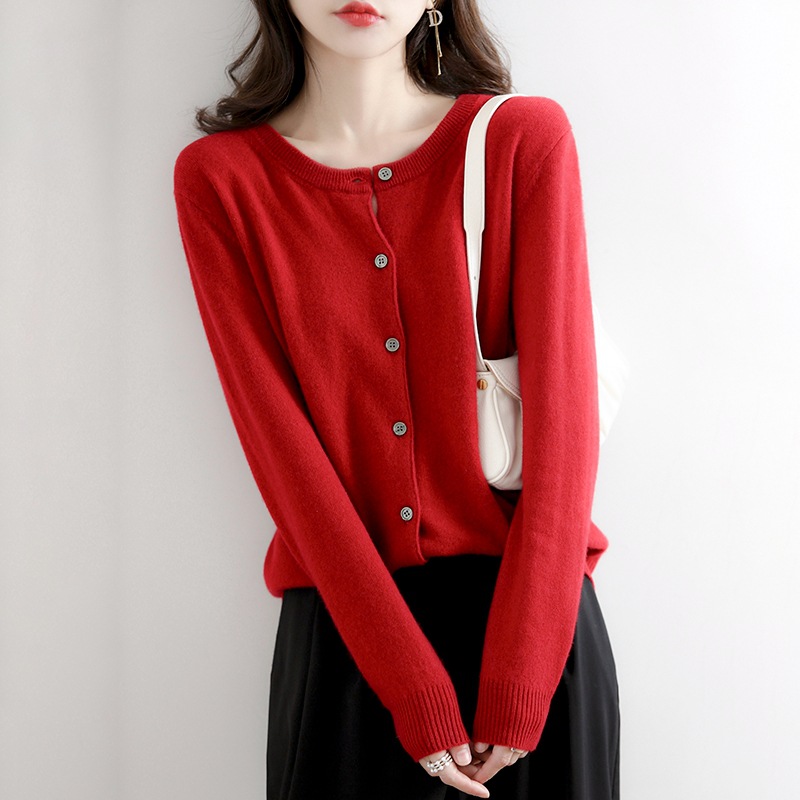 2023 Spring and Autumn New Round Neck Knitted Cardigan Women's Loose Slim Sweater Fashionable All-match Short Top Women's Jacket