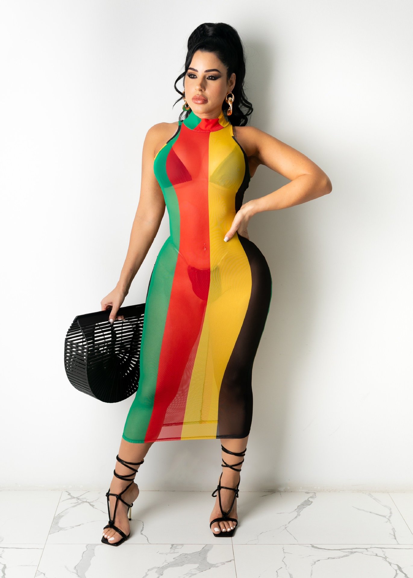 DY6994 Cross-border Source Amazon European and American Women's Perspective Sexy Mesh Printed Striped Sleeveless Dress
