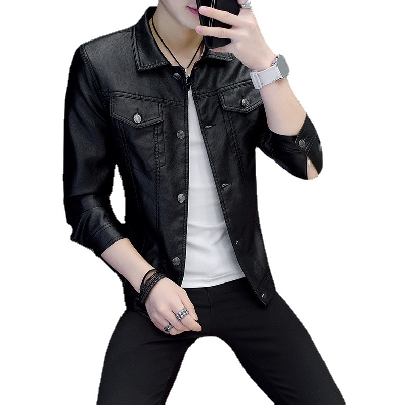 Men's Leather Jacket Autumn and Winter New Korean Style Slim-fit Trendy Handsome Fashion Casual Lapel Leather Jacket Coat for Youth