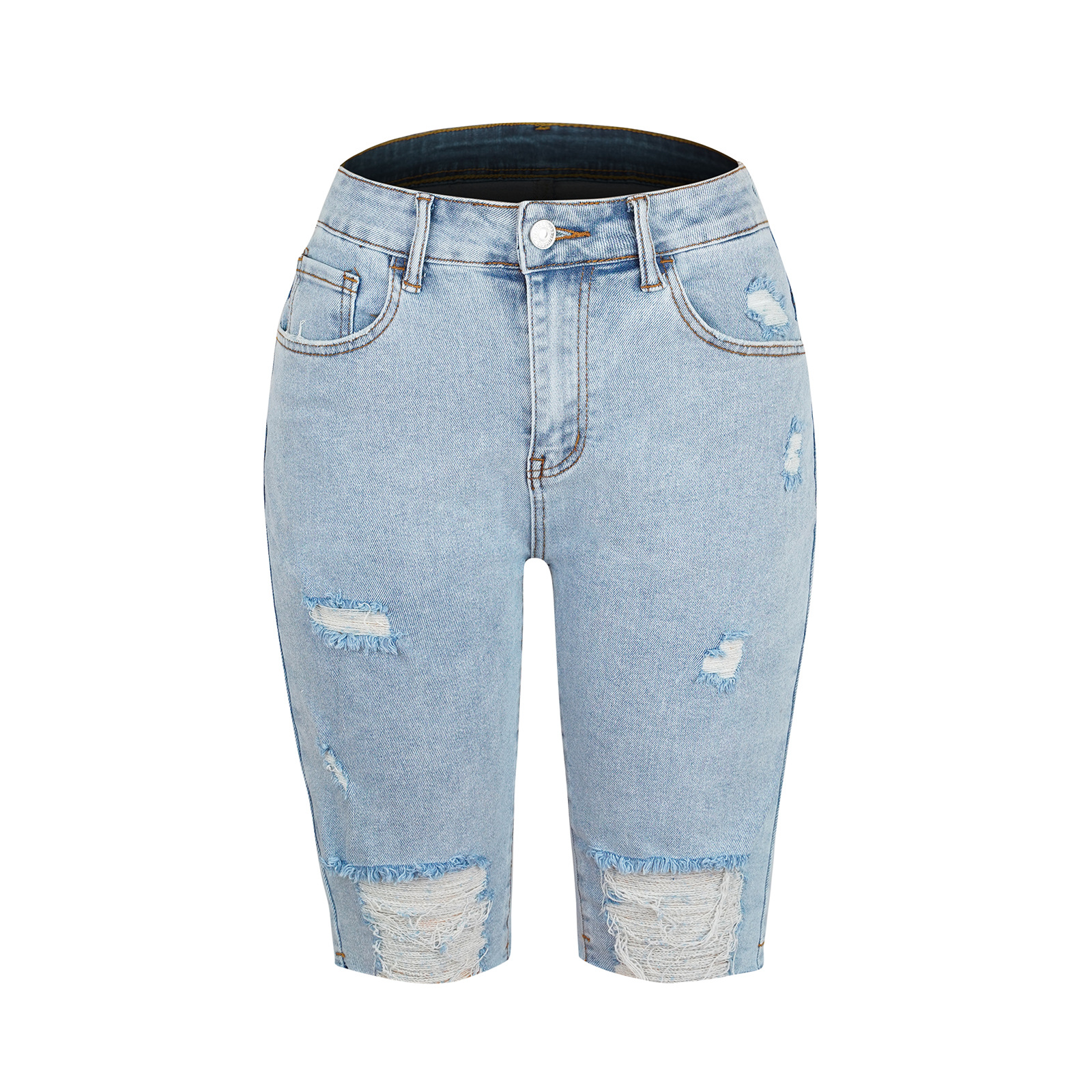 2023 New Cross-border Europe and the United States Summer High Elastic Leg Pants Mid-waist Five-point Pants Ripped Jeans Women's Super Hot