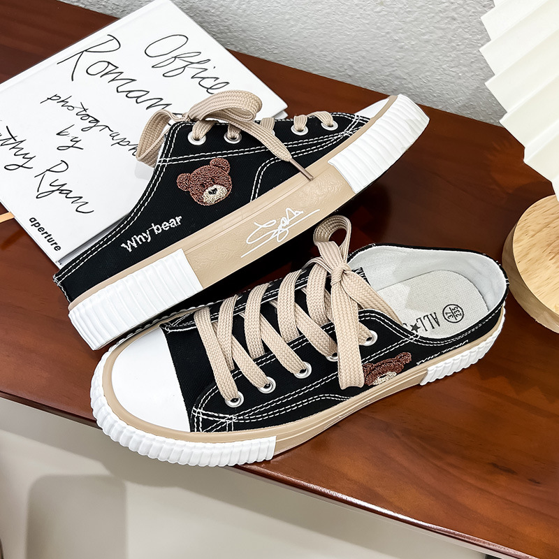 Bear Canvas Shoes Women's 2023 Summer New Low-top Casual Sneakers Flat Trendy Slippers All-match Half Slippers