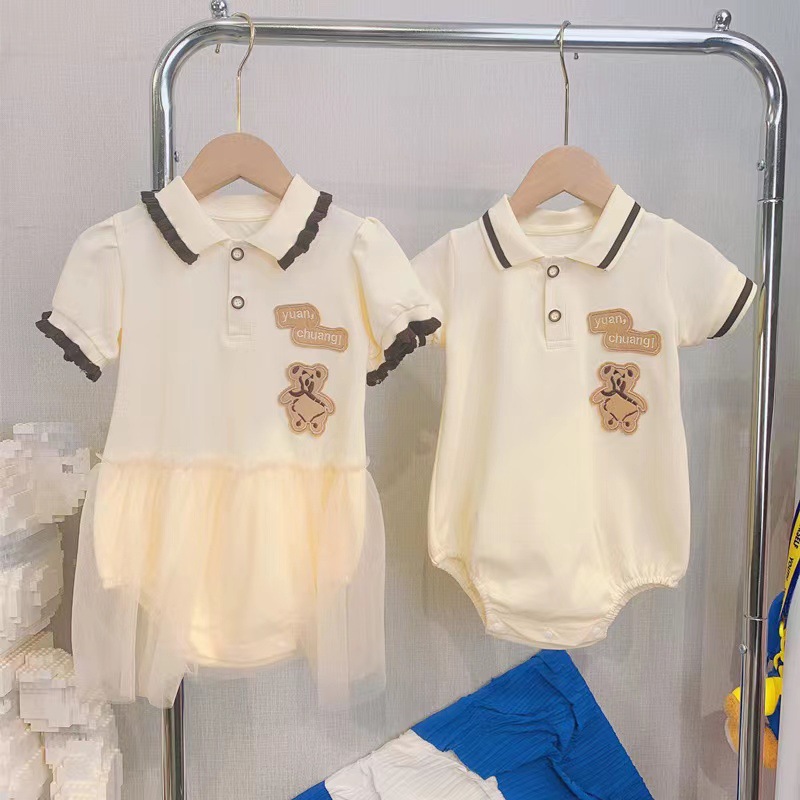 Bear embroidered parent-child clothes summer one family three or four mother-child mother-daughter dress baby romper POLO lapel short sleeve