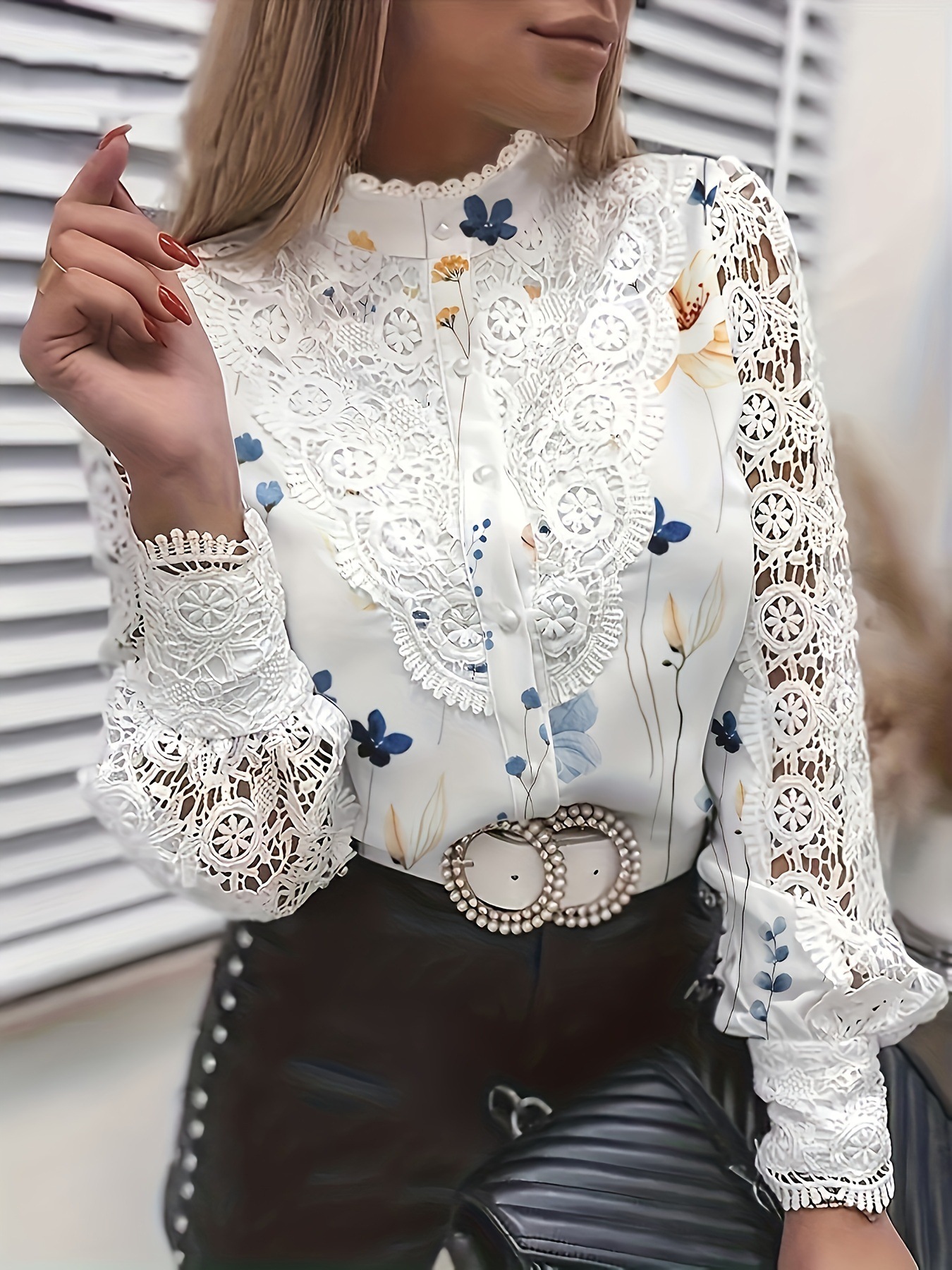 Manufacturer in stock European and American cross-border Amazon autumn and winter new women's shirt long sleeve round neck hollow lace shirt