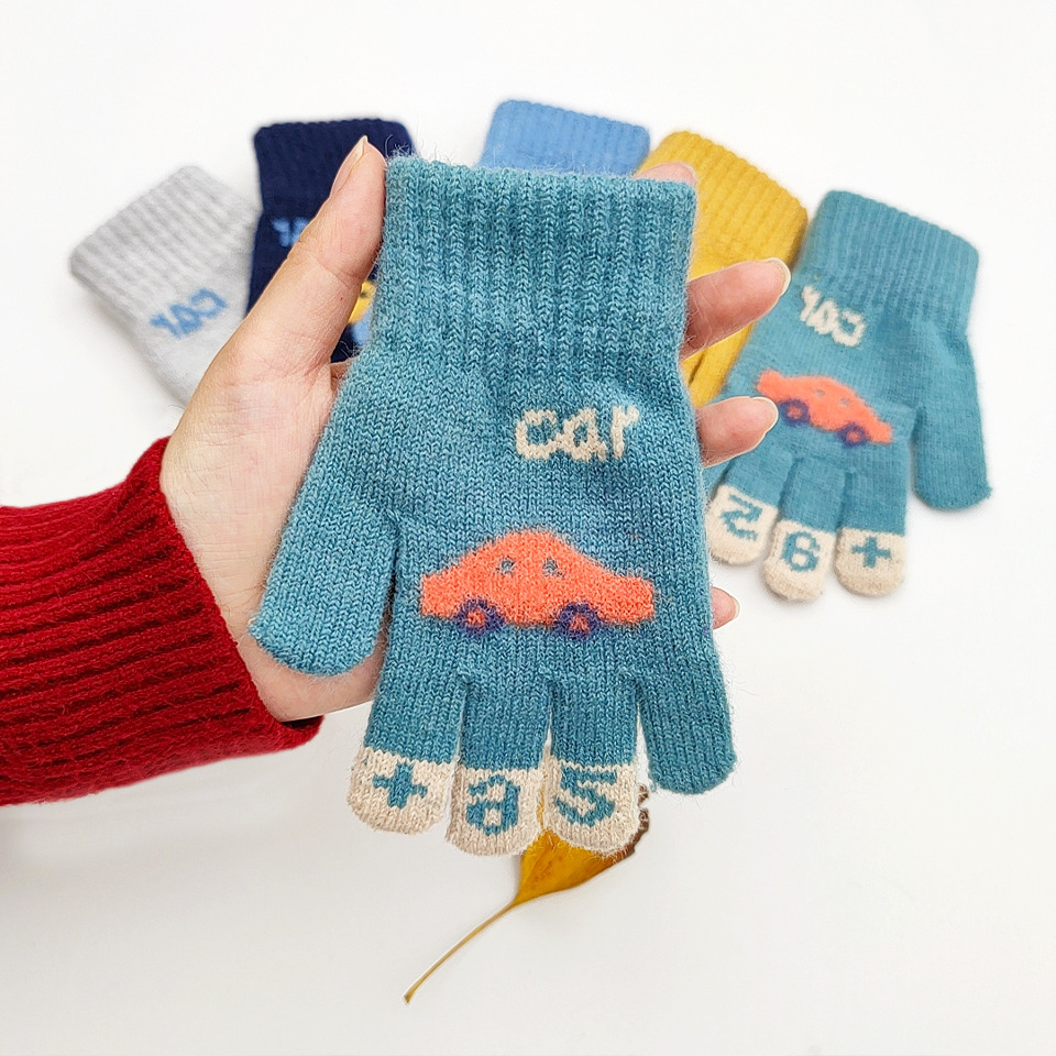 Korean version of children's gloves autumn and winter warm men's and women's children's car full finger kindergarten children write five fingers