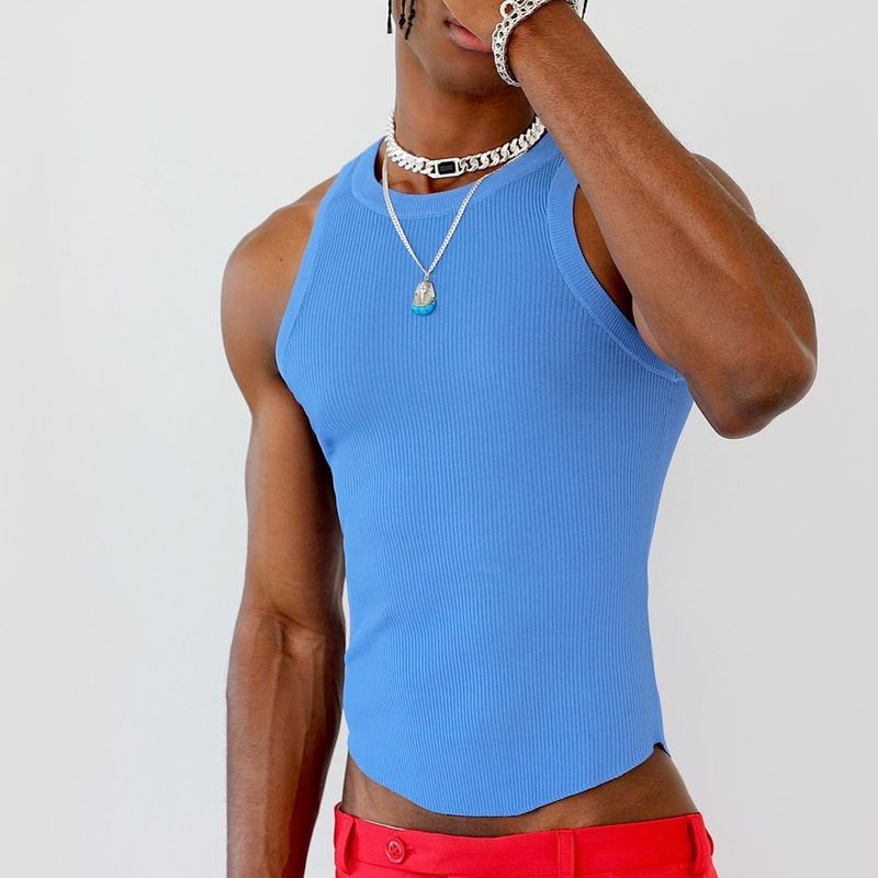 Spot New European and American Irregular Design Solid Color Tight Top Men's Casual Stretch Knitted Sleeveless I-Shape Vest