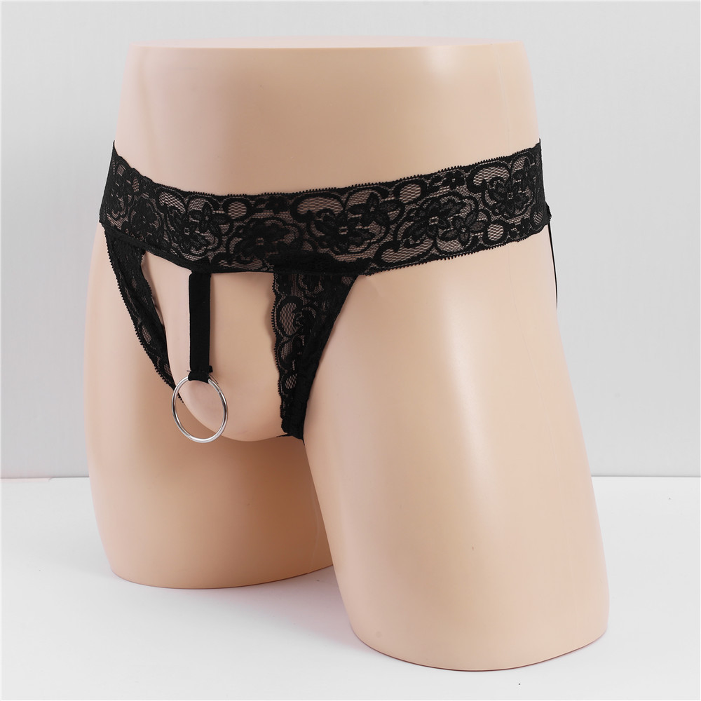 Large Size Sex Men's Underwear Lifting Ring Thongs Sexy Open Crotch Hollow Perspective Lace Double T-pants for Men
