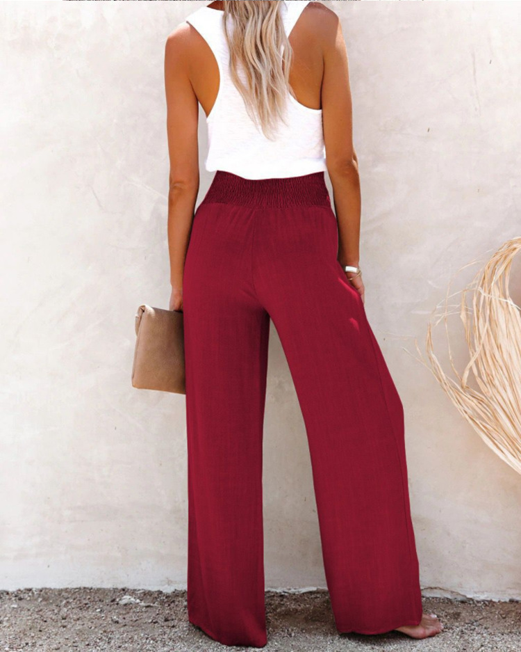 2022 Women's Spring and Summer New European and American Women's Pants Amazon Solid Color Cotton and Linen Elasticated Loose Casual Wide Leg Women's Pants