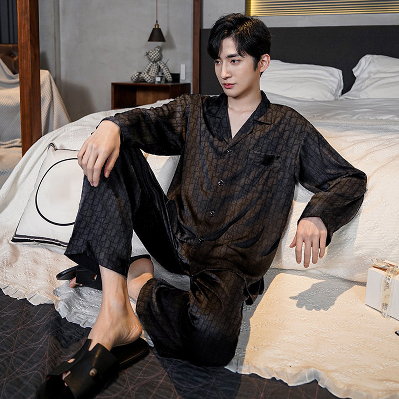 Pajamas men's long sleeve ice silk pattern high-grade black suit summer lapel plaid home clothing factory direct generation