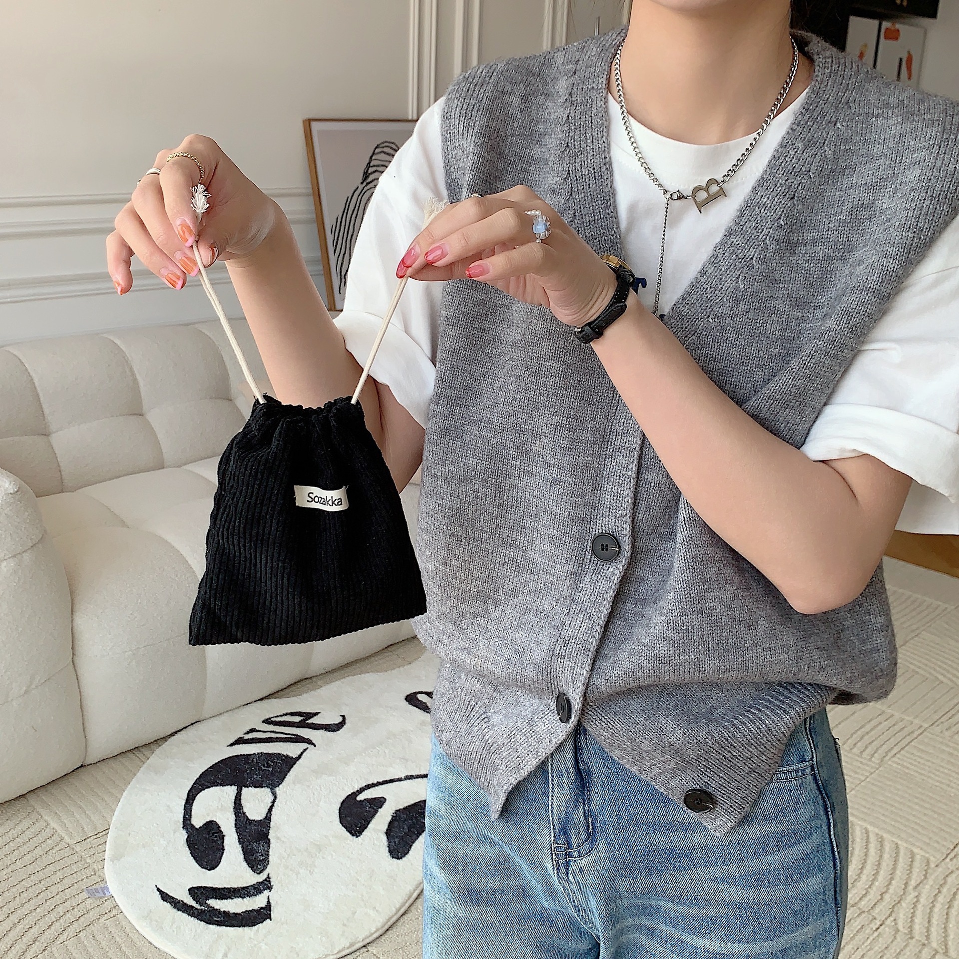 32133 Solid Color Corduroy Weaving Marks Storage Bag Drawstring Bezel Cosmetic Bag Women's Portable Portable Large Capacity