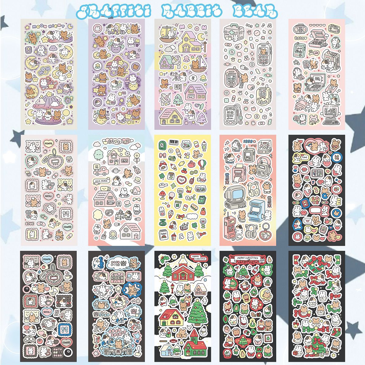Cute cartoon doodle rabbit bear sticker Instagram Korean style goka handmade diary Christmas DIY decoration creative sticker