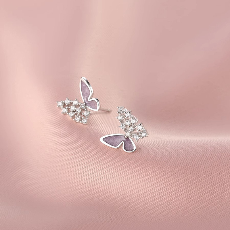 Purple Butterfly stud earrings Women's Light luxury elegant asymmetric small butterfly earrings daily commuter simple inlaid zircon earrings