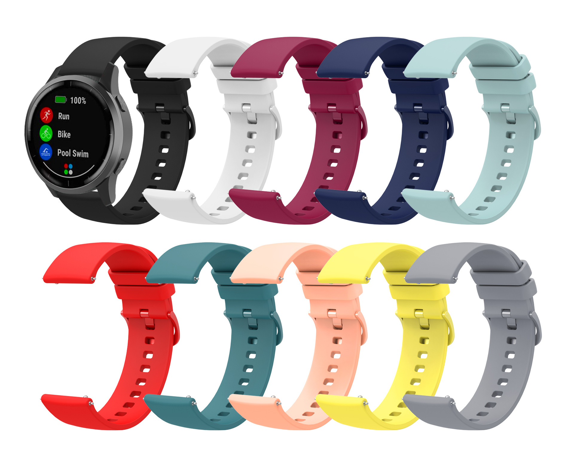 適用佳明vivoactive4/華米GTS平面硅膠錶帶同色扣彩扣18/20/22mm