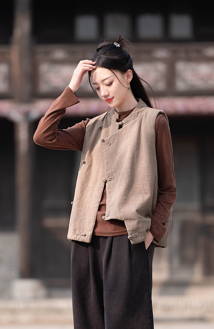 23 cotton and linen women's clothing New National style vintage buckle cotton vest top women's sand wash linen quilted warm vest_voghion.com