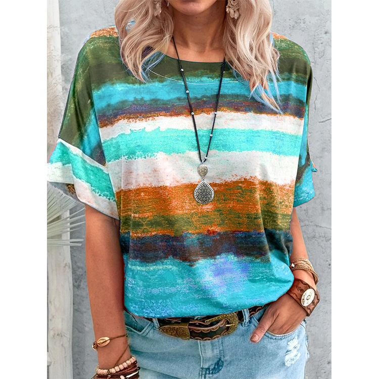 Amazon Explosions Foreign Trade Women's Cross-border 2021 New Summer European and American Gradient Contrast Women's Short-sleeved T-shirt for Women