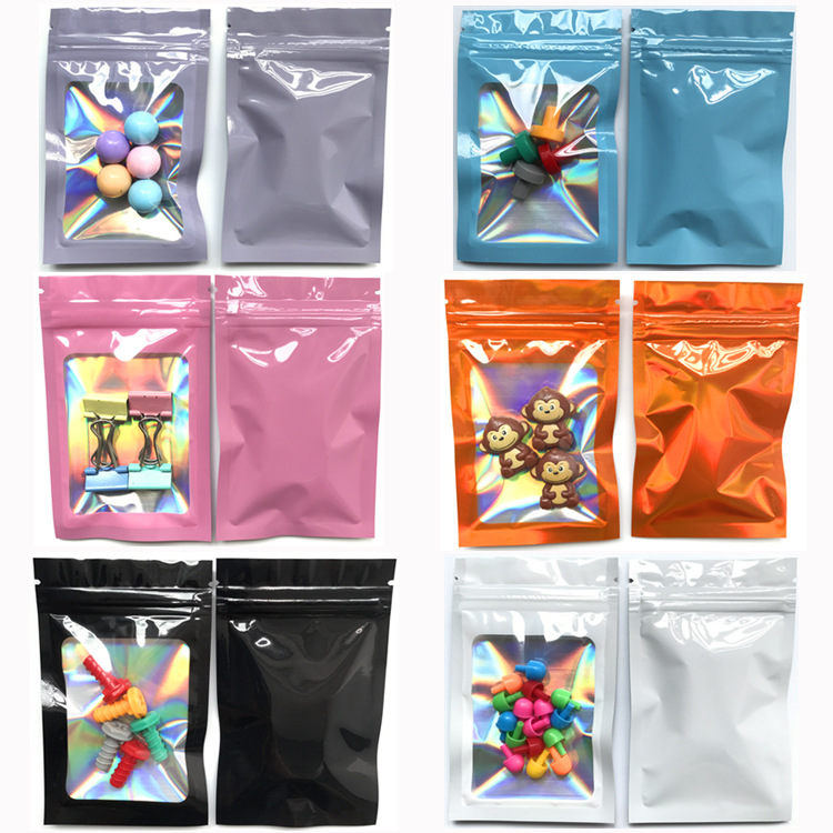 Laser color pink self-sealing bag holographic jewelry packaging bag iridescent aluminum foil bag aluminized makeup magic plastic bag