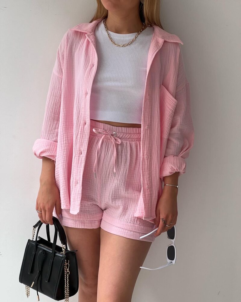 2023  European and American Women's Wrinkled Lapel Long Sleeve Shirt High Waist Drawstring Shorts Fashion Casual Two-Piece Set_voghion.com