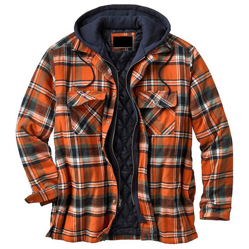 2020 foreign trade Men's European and American autumn and winter thick cotton plaid long sleeve loose hooded jacket