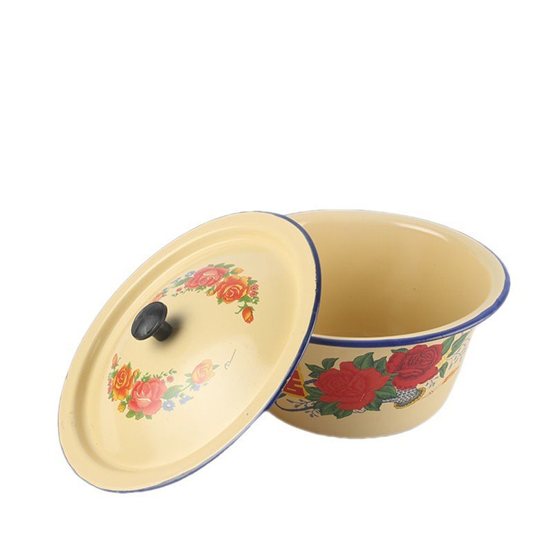 Wholesale enamel bowl old-fashioned household lard basin with lid yellow double happiness enamel bowl instant noodles spicy hot pot soup bowl