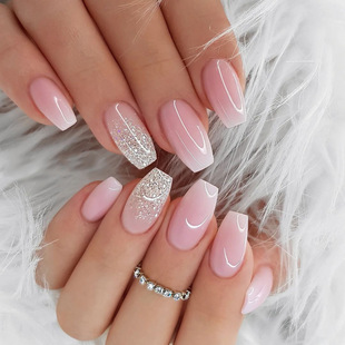 Manicure nail piece wear nail pink white gradient glitter ins style wear nail fake nail patch finished nail piece wholesale