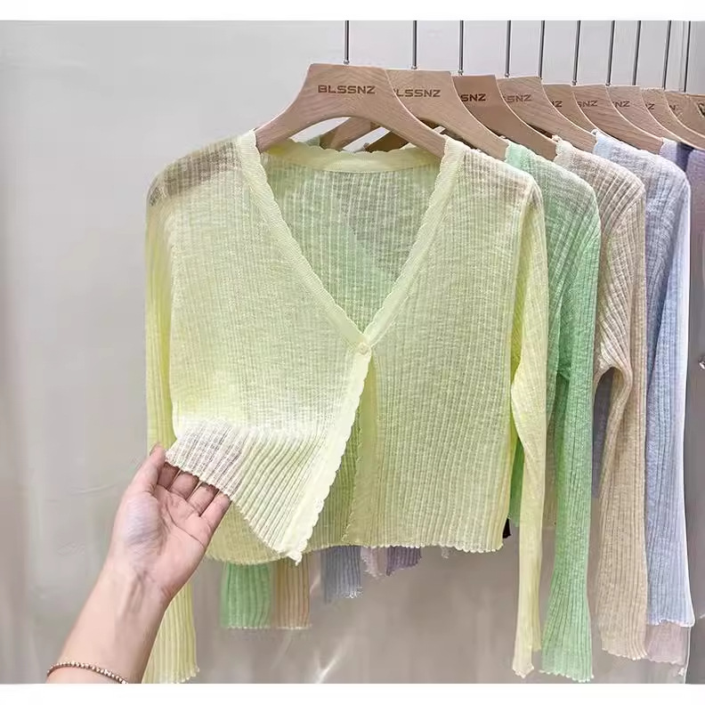 Ice silk cardigan long sleeve summer black thin sweater outer wear short air conditioning shirt sun protection clothing shawl top for women