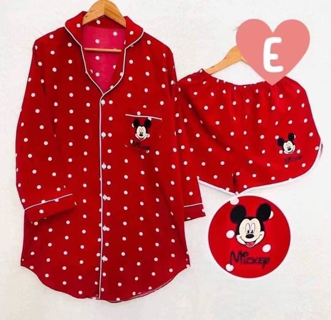 Thailand Hot Selling Pajamas Set Women's Spring and Autumn Loose Cardigan Women's Cartoon Long Sleeve Nightgown Shorts Home Clothes