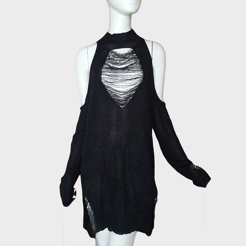 Cross-border European and American black ripped off-shoulder sweater autumn and winter punk lazy loose round neck long sleeve Gothic style women's sweater