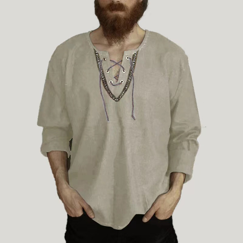 2023 Spring and Autumn Cross-border New European and American Men's Loose Solid Color Drawstring Long Sleeve Shirt Cotton Linen Stand Collar Men's Shirt