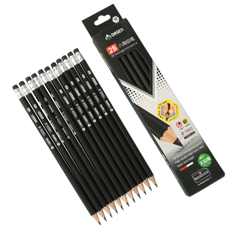 Black 2B Pencil Basswood with Eraser Boxed 12 Pack Student Examination Card Pen Office Meeting Pen Wholesale