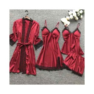 Pajamas 4-piece Set Women's Spring and Summer Sexy Ice Silk Korean Style Sling Nightgown Nightgown Set with Chest Pad Silk Home Clothes