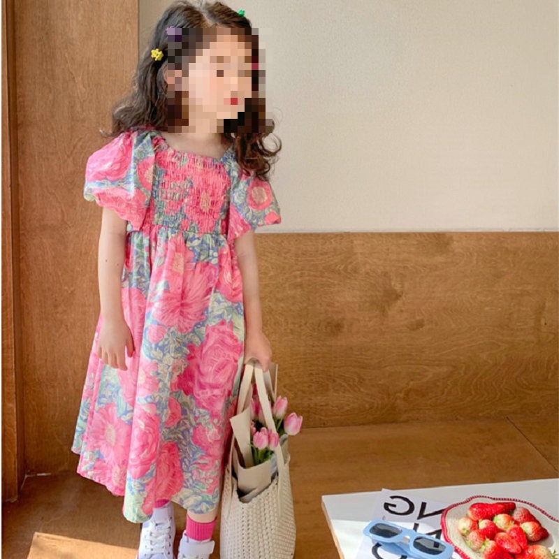 女童裙子打皺泡泡袖大花朵連衣裙公主裙24夏裝新款外貿童裝代發