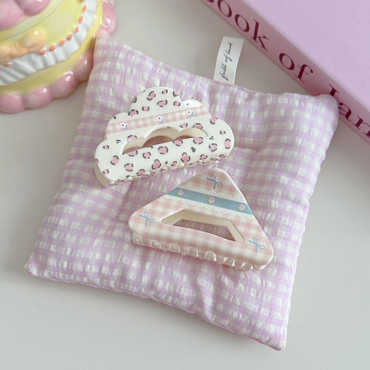 Seria Cream Girl Floral Plaid Bow Grab Clip Akrylowa spinka Shark z tyłu głowy Dysk Spinka do włosów Akcesoria do włosów_voghion.com
