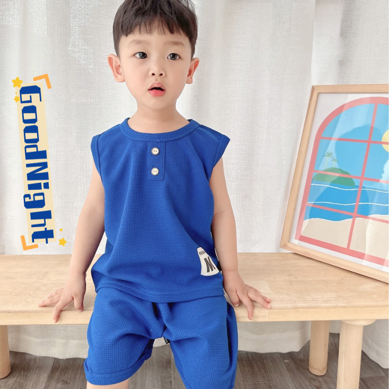 2025 New Korean Style Solid Color Elegant Children's Waffles Vest suit Boys Sleeveless suit Girls Summer