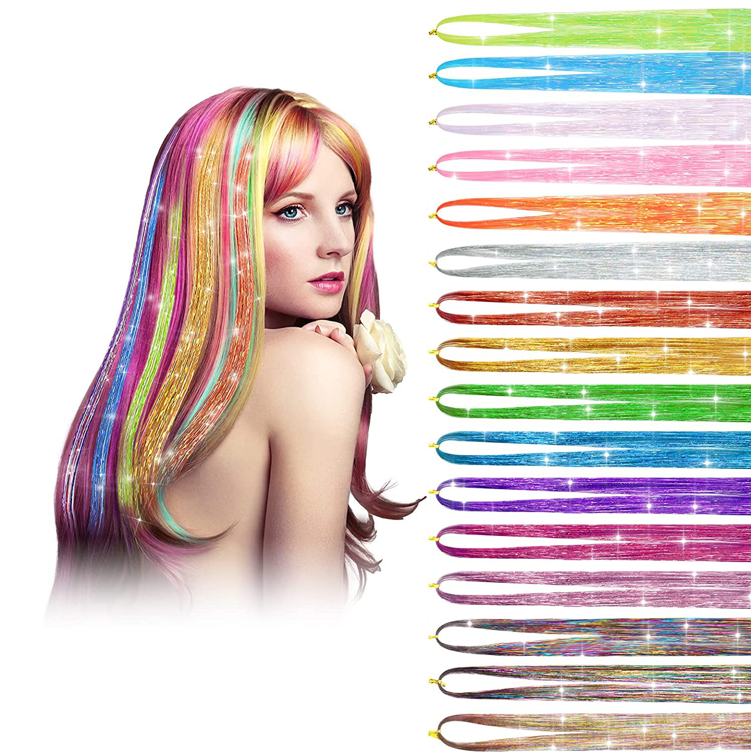 Cross-border laser hair piece Europe and the United States color shiny gold and silver laser wig colorful silk hair gold 16 color spot