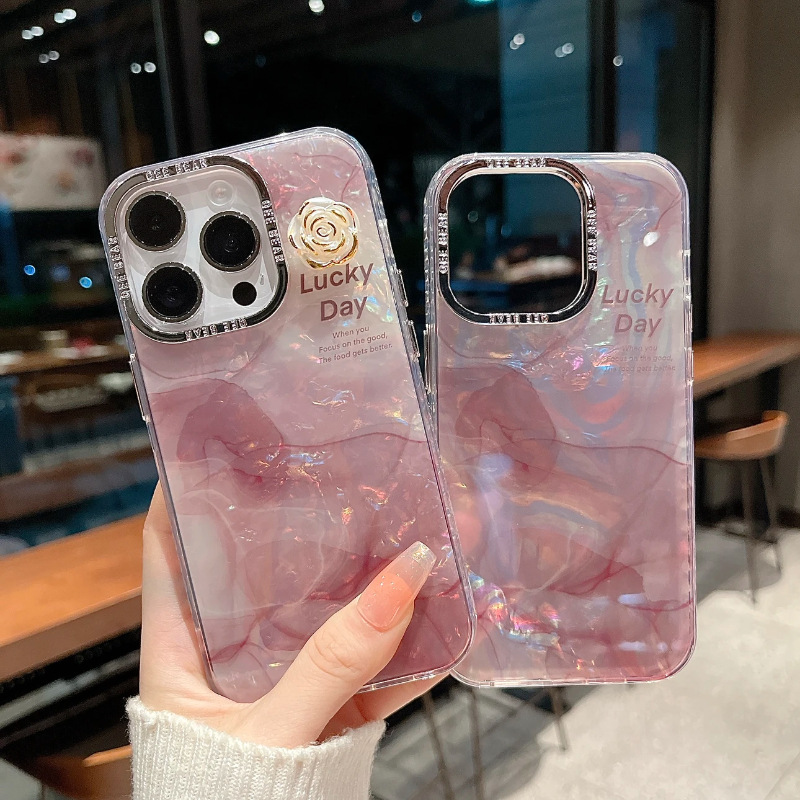 高級感貝殼紋暈染立體山茶花適用iphone15ProMax手機殼蘋果14雙層