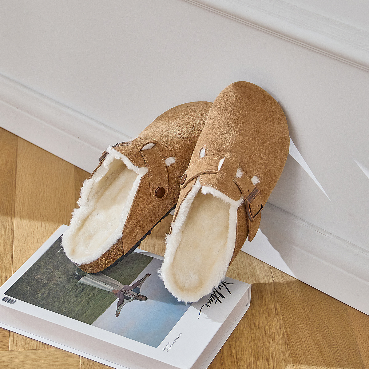 Boken shoes fleece-lined thick genuine leather suede snow shoes 2023autumn and winter New fleece-lined closed toe half slippers cotton shoes
