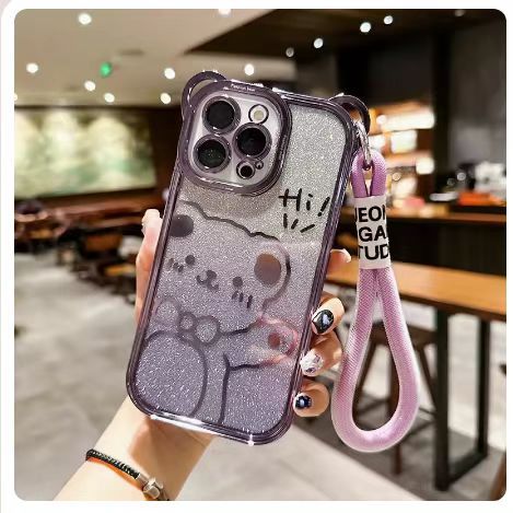卡通漸變閃粉小熊適用iPhone12/11手繩13/15ProMax手機殼蘋果14女
