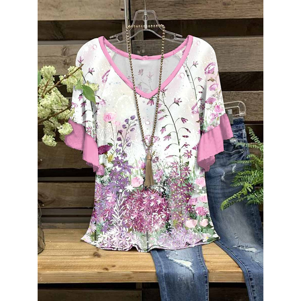 Independent station Amazon spring and summer casual new v-neck T-shirt floral leopard print ruffled short sleeve t-shirt