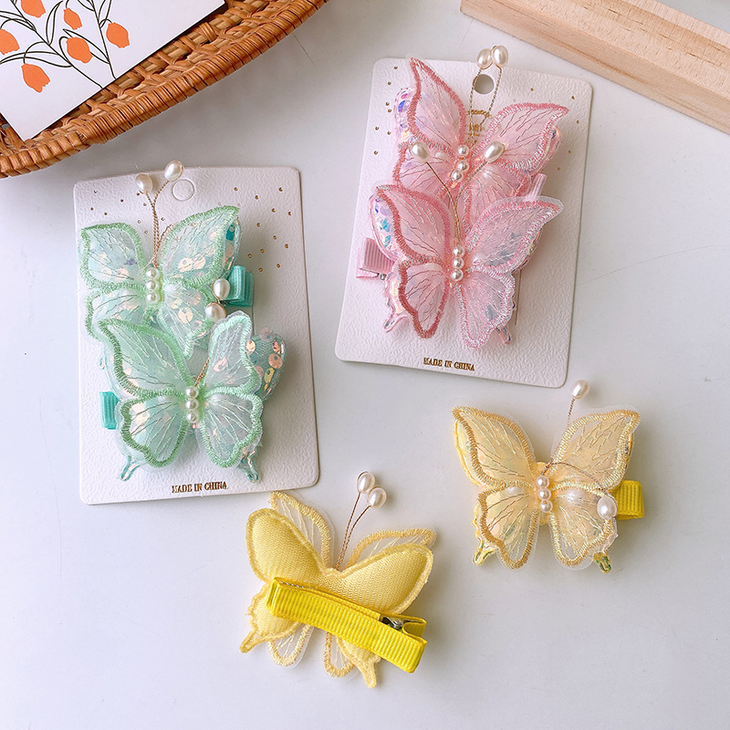 2 Colorful Mesh Lightweight Fairy Style Double-layer Sequin Pearl Butterfly Clip Antique Children's Hanfu Hair Accessories