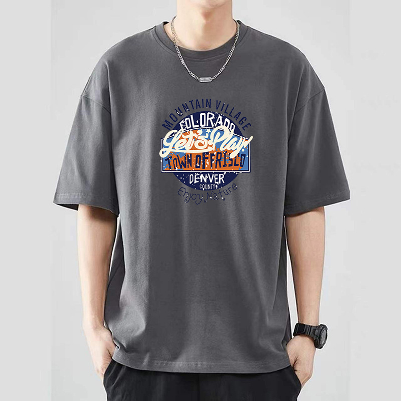 Round Neck T-Shirt Men's Pure Cotton Short-sleeved Summer New Arrival Printed Loose Trendy Casual Round Neck 180 Dropped Shoulder Hong Kong Style Half Sleeve