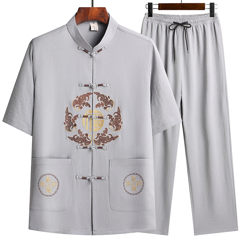 Chinese style Tang suit middle-aged and elderly summer suit dad suit Grandpa suit morning exercise Chinese style buckle elegant solid color embroidery