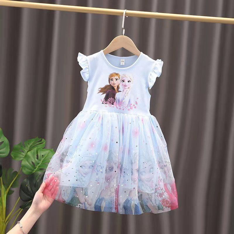 Children's Wear Girls dress Summer 2025 New Frozen Short-sleeved Princess Aisha Dress Children's Mesh Dress Trendy