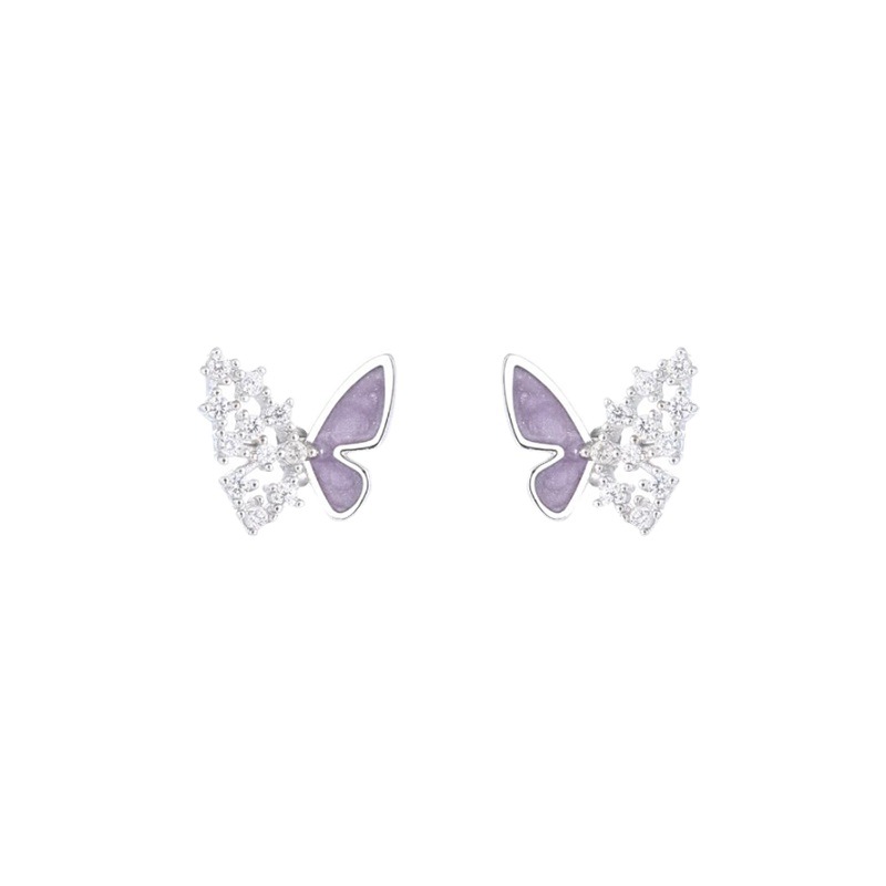 Purple Butterfly stud earrings Women's Light luxury elegant asymmetric small butterfly earrings daily commuter simple inlaid zircon earrings