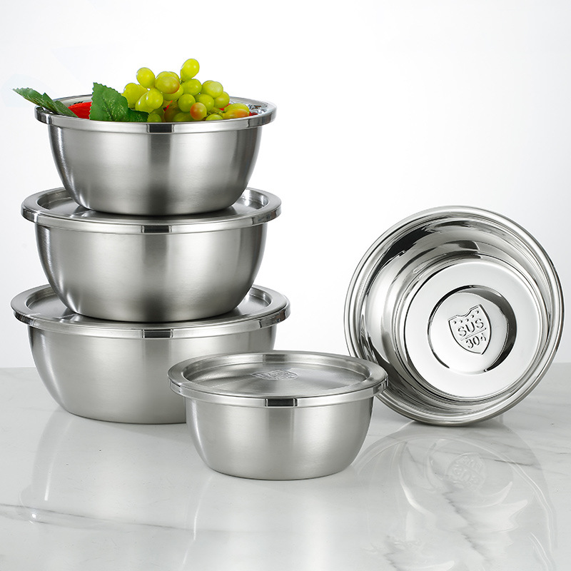 304 stainless steel basin with lid thickened round basin egg beating basin and basin seasoning basin vegetable washing basin factory wholesale