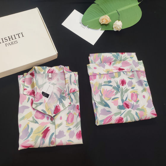 2023 ice silk pajamas women's high-grade thin printed plus size tulip Internet celebrity simulation silk home wear wholesale