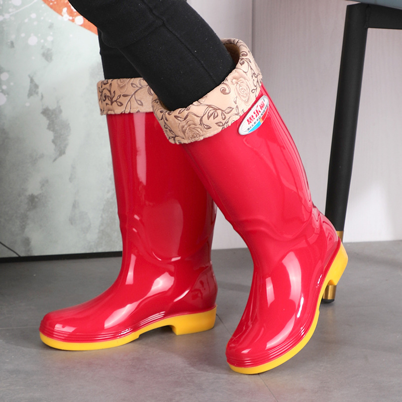 Labor Protection Plus Velvet Adult's Rain Boots Women's High-tube Non-slip Waterproof Outer-wear Kitchen Work Shoes Long Rain Boots Women