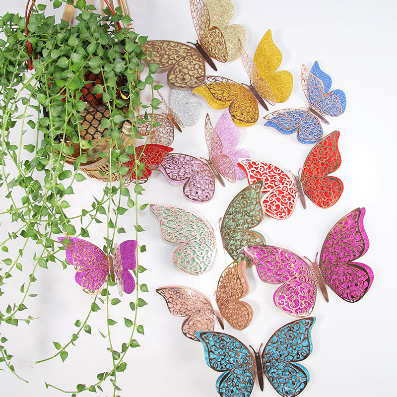 Double Layer Color Hollow Butterfly Wall Sticker 3D Hollow Paper Butterfly Amazon Wedding Festival Decoration