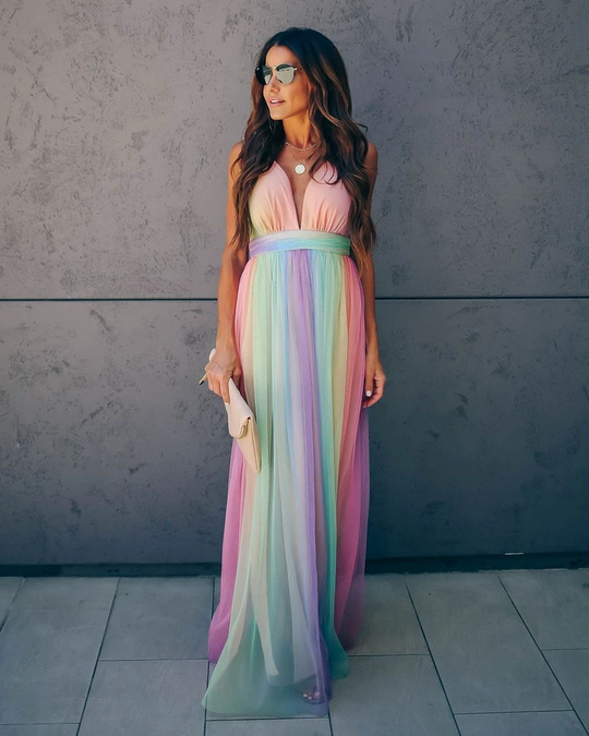 2022 Spring and Summer New European and American Cross-border Foreign Trade Women's Cross-border New Sling Sexy Deep V Rainbow Mesh Sling Dress