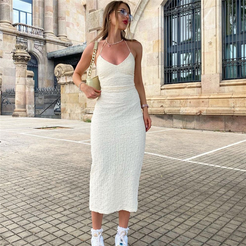 ins Amazon Autumn New Sexy Low-cut V-neck Hollow Backless Neck Lace-up Mid-length Split Dress for Women